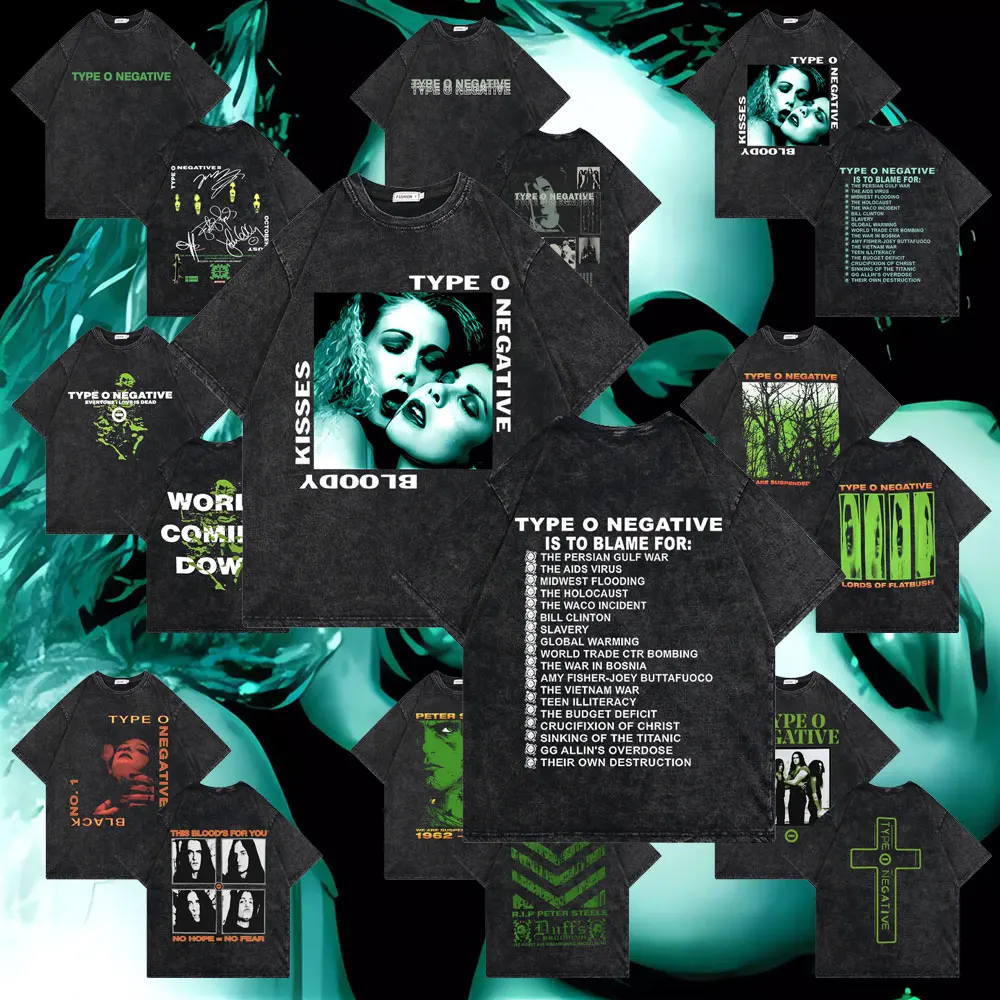 Yıkanmış Vintage Rock Band tipi O negatif 1993 kanlı Kisses Touring T Shirt erkek kadın pamuk boy t-shirt Unisex hayranları hediye