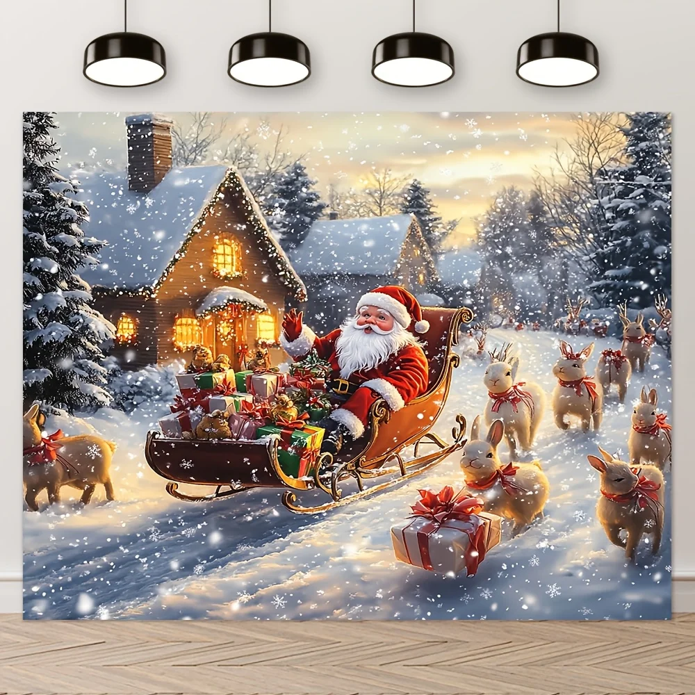 tapestry1pc, Merry Christmas Decorative Banner,  Santa Claus and Reindeer Sleigh Background, 100% Polyester