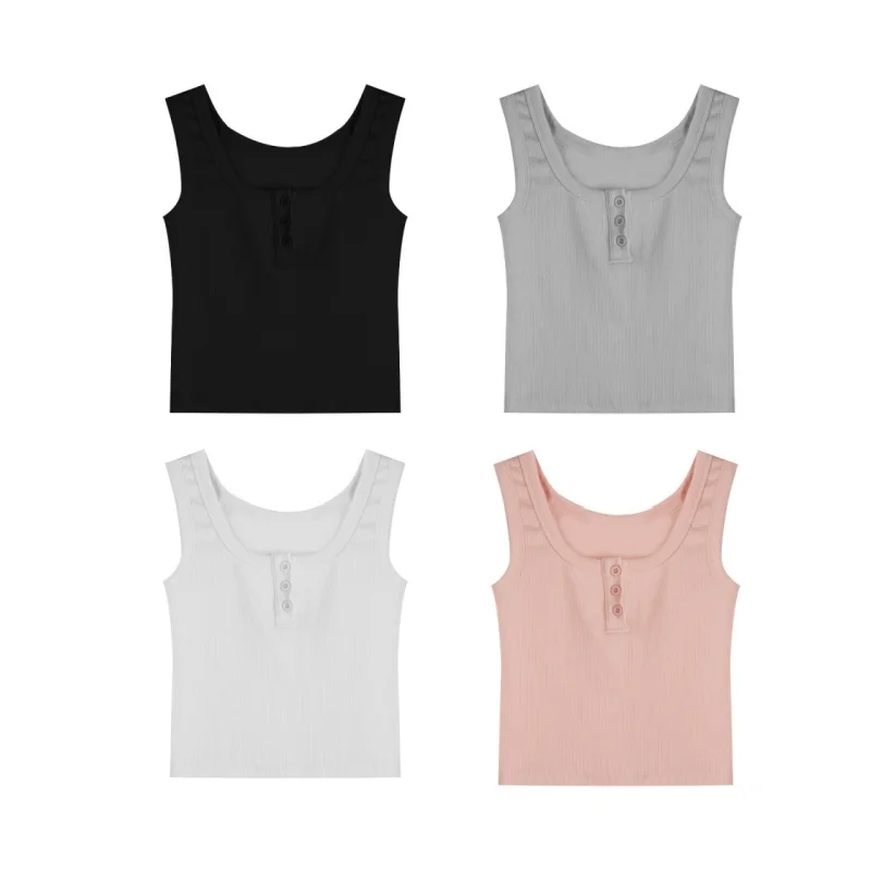 تانك الأعلى للنساء مضلع زر أسفل بلوزة بلا أكمام بلون عارضة المرأة المراهقين العصرية الأساسية الصيف بروتيل #6