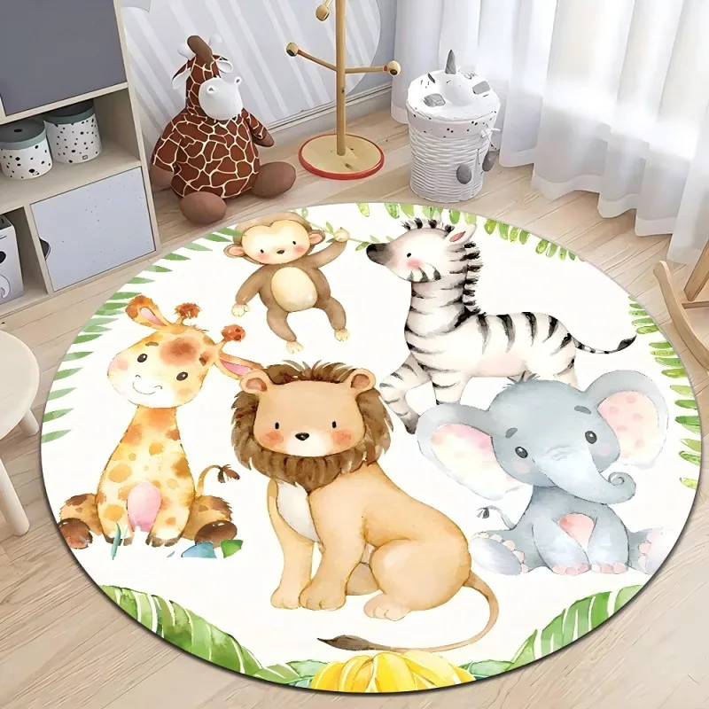 Safari Jungle Animals Print Round Rug Kids Bedroom Carpet Living Room Nonslip Floor Mat Sofa Table Rugs for Home Decor Rug