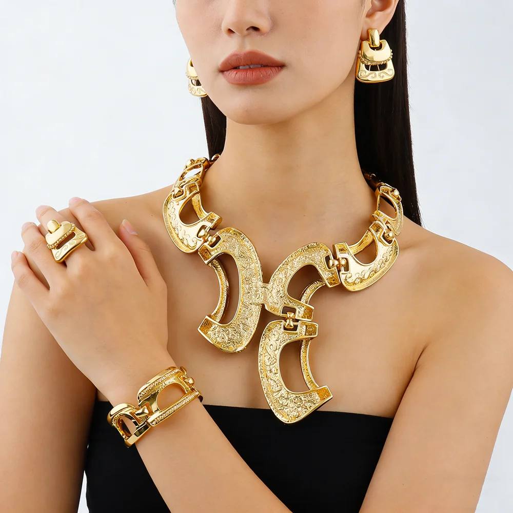 Neues Extravagantes Schmuckset Dubai Goldfarben Große Halskette Ohrringe Armband Ring Sets Brautschmuck 24k Vergoldeter Schmuck Geschenke – Detail 3