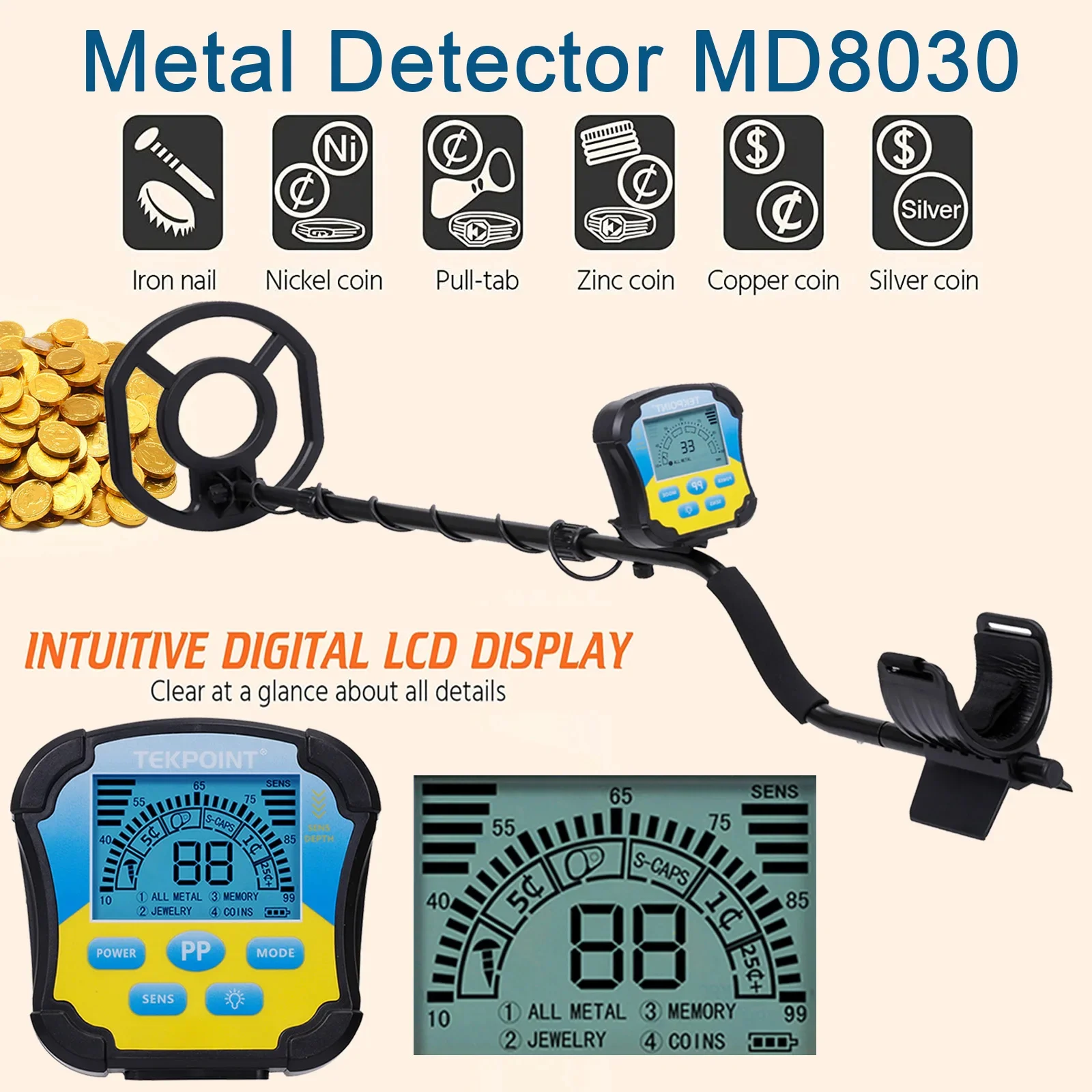 เครื่องตรวจจับโลหะใต้ดิน MD8030 ความไวสูง สำหรับค้นหาทองคำ ล่าสมบัติ ลึก 2.5 เมตร พร้อมคอยล์กันน้ำ