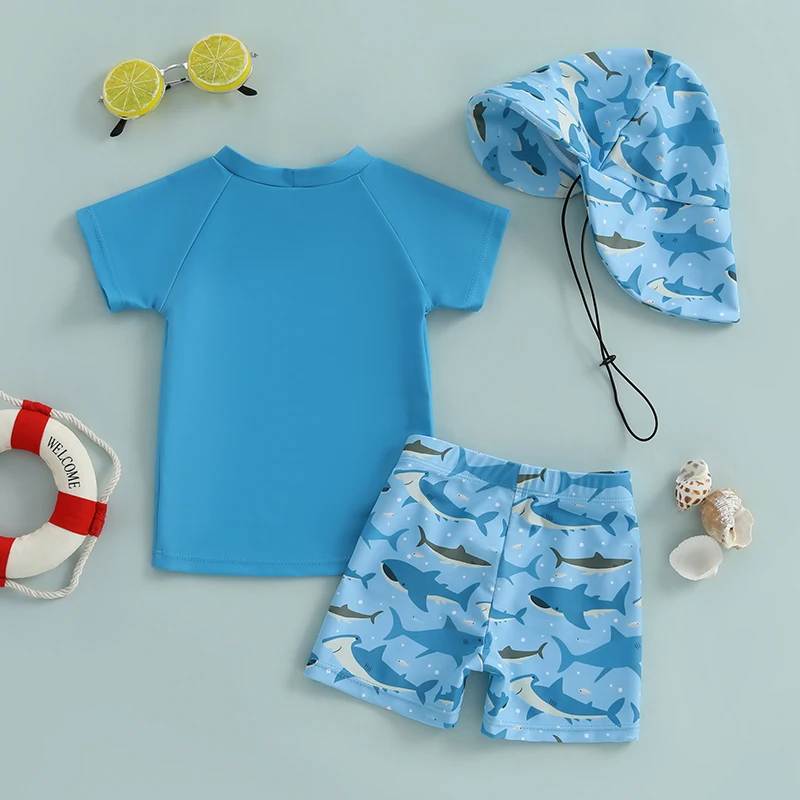 Toddler Boys Rash Guard Swimsuit Set Shark Duck Print Short Sleeve Round Neck Tops with Shorts and Swim Hat 3 Pcs Set