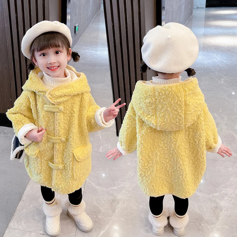 2024 Winter Lamb Wool Girls Jacket Solid Color Lining Plush Thick Warm Leather Buckle Hooded Woolen Coat 2-8Y Fashion Outwear