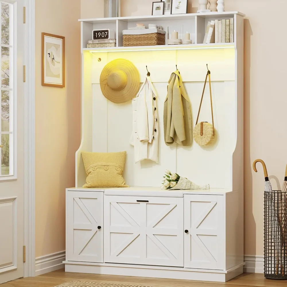 

Starjoy Hall Tree With Bench And Shoe Storage, Coat Rack With Shoe Bench, 6 Shoe Cubbies, 4 Coat Hooks, LED Lights, Entryway Ha