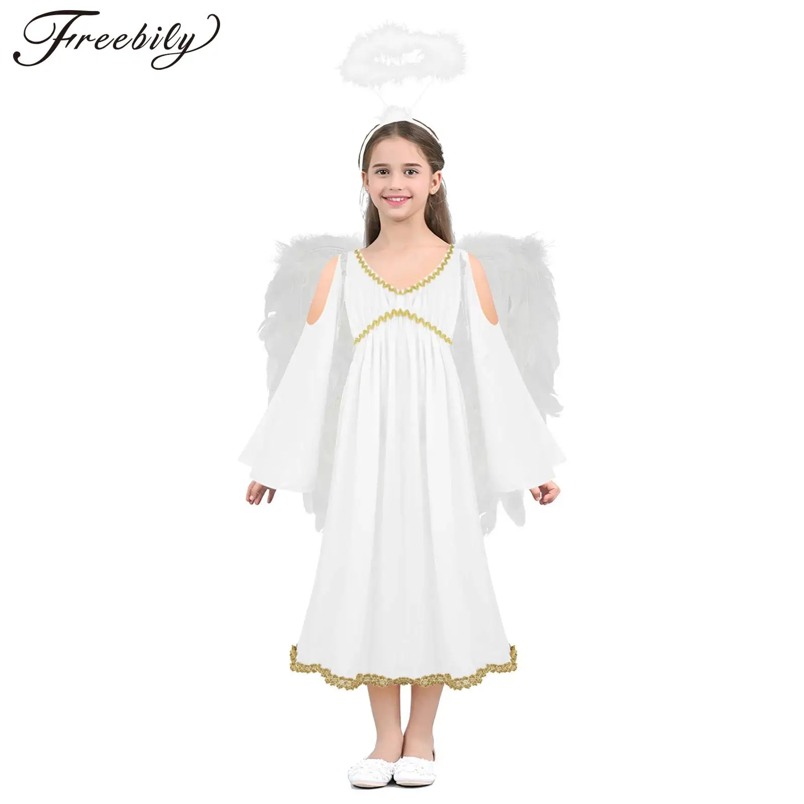 Girls Halloween Angel Cosplay Costume Long Sleeve Gold Trim Dress with Wings Headband Church Choir Worship Performance Clothes