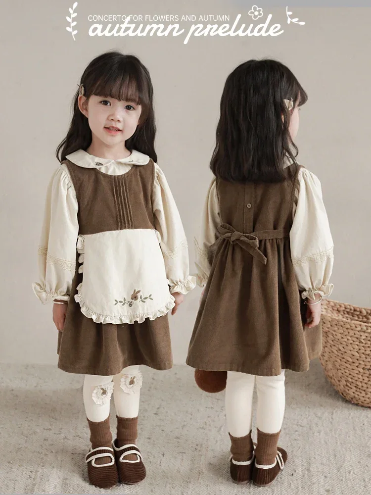 

Girls' Clothes Spring Autumn Lace Bib Cute Strap Dress Children's White Princess Dress