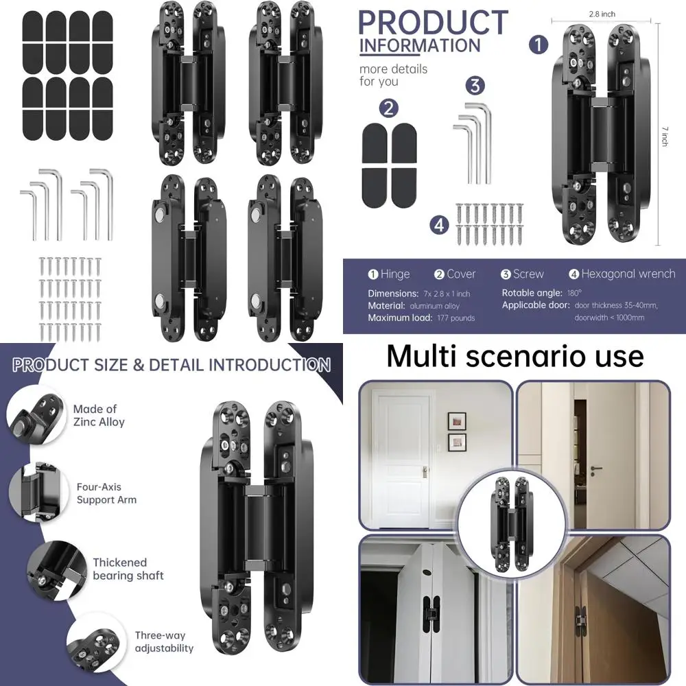 

Concealed 7 Inch Zinc Alloy Hinges for Door, 180 Degree Swing, 3-Way Adjustable, Silent Operation, Invisible Door Hardware.