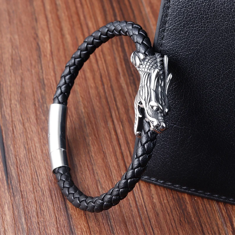 Men Jewelry 21CM Retro Chinese Symbol Dragon Pattern Genuine Leather Bracelet with Magnet Clasp for Birthday Party Gift