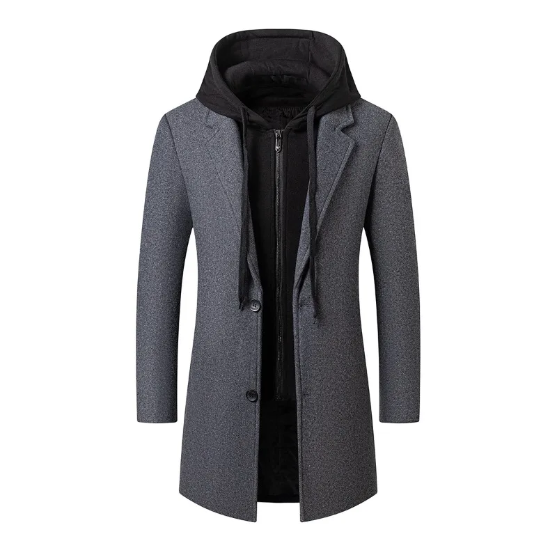 

New Fashion Mens Hooded Overcoat Wool Blend Cashmere Long Trench Coat Winter Business Casual Jacket 4XL Extra Large