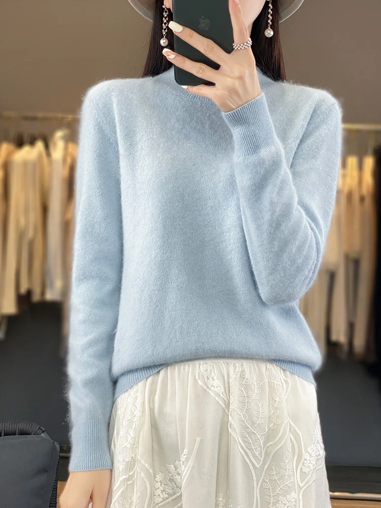 100% Mink Cashmere Women\'s Sweater Half High Neck Pullover Autumn Winter Long Sleeve Knitwear Feamle Clothing Bottom Shirt Tops