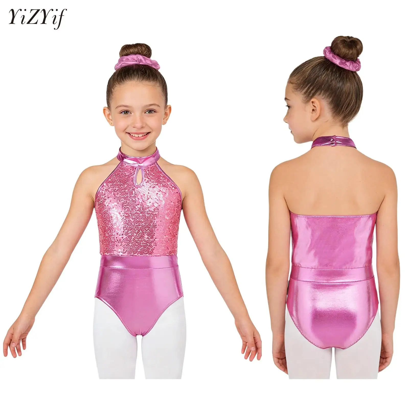 

Kids Girls Jazz Dance Jersey Leotards Rhythmic Gymnastics Sequins Leotard Backless Unitards+Hairband Figure Skating Performance
