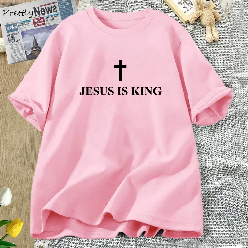 Jesus Is King T-shirt Women Cotton Cross Faith Christian Tshirt Unisex Short Sleeve Religious Tee Womens Clothing Streetwear