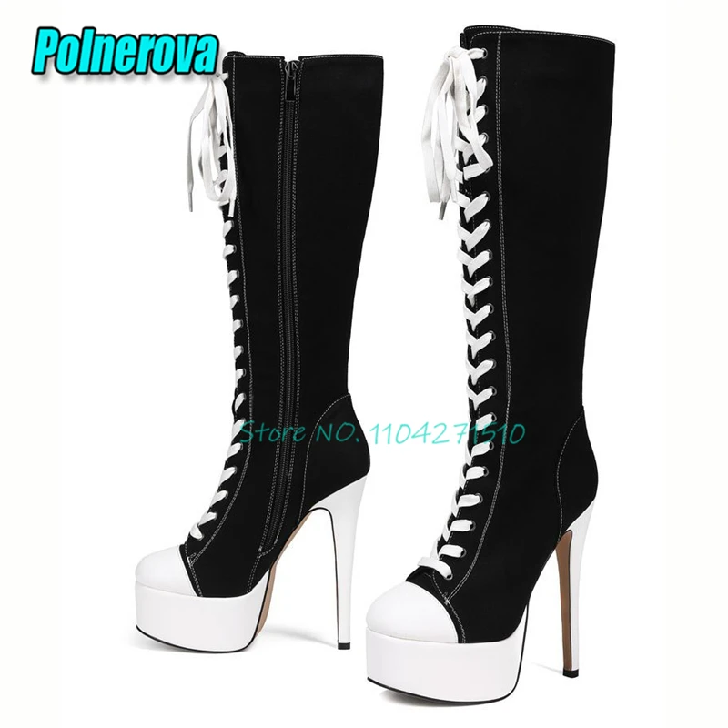 Canvas Chunky Platform Super High Heels Women's Knee High Boots Sexy Pointed Toe Lace-Up Long Boots Fashion Club Stage Shoes