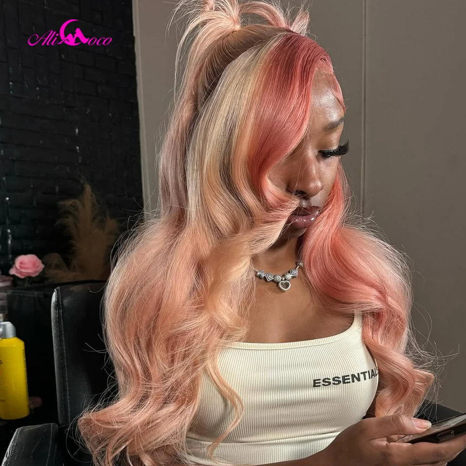 

Ombre Peach Pink Color Body Wave 13x6 Lace Front Human Hair Wig Brazilian Body Wave 13x4 Transparen Lace Frontal Wig for Women