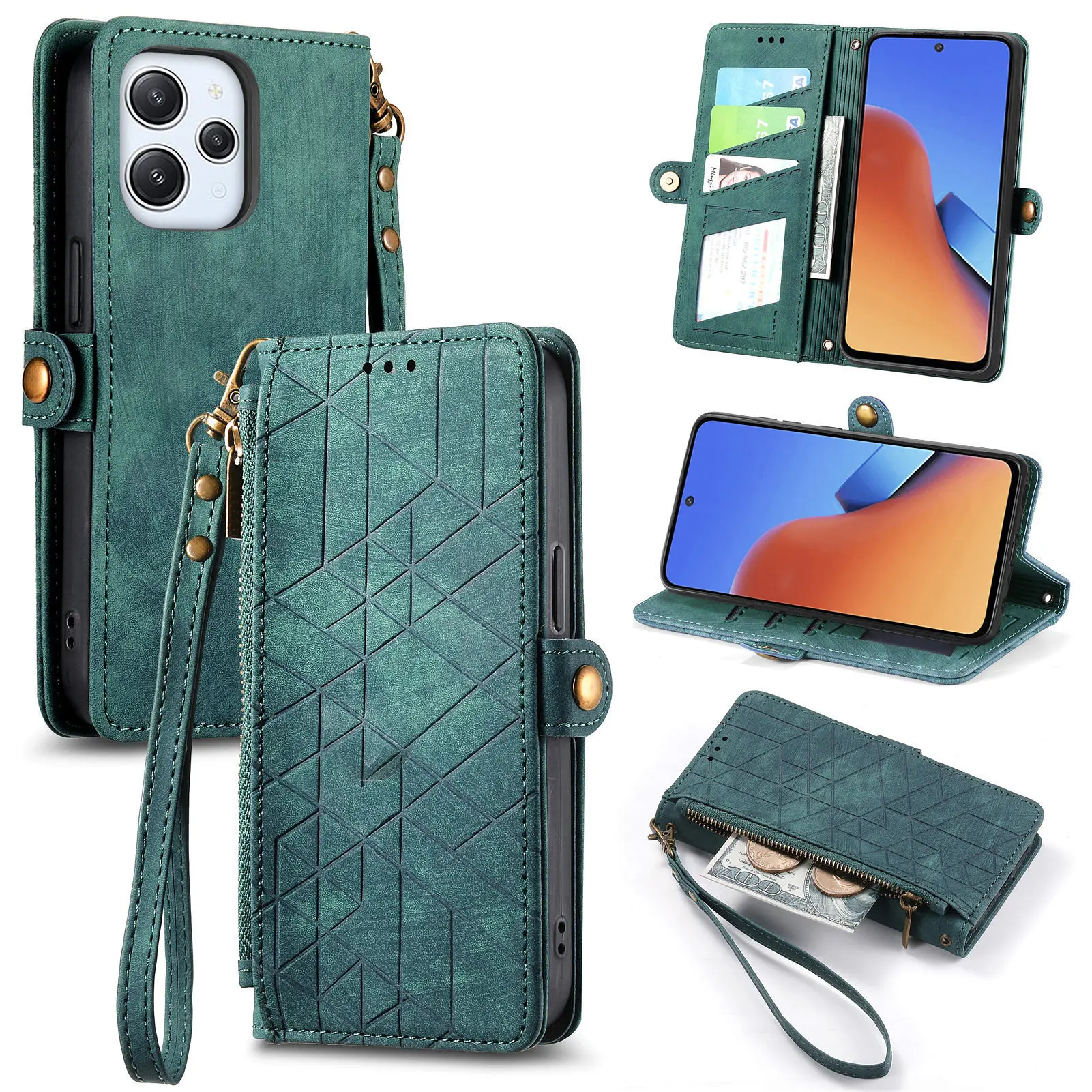 حافظة هاتف بجيب بسحاب لهاتف OPPO Realme 14X 14 13 12 Pro Plus 9i 7i حزام معصم جلدي فاخر محفظة بحبل غطاء قلاب Funda