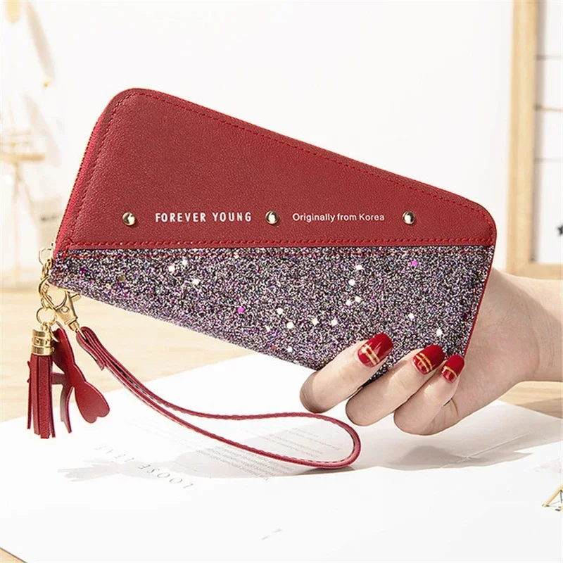 Women Long Wallet Patchwork Sequin Clutch Bag Glitter Pu Leather Ladies Phone Bag Card Holder Coin Purse Female Wallets