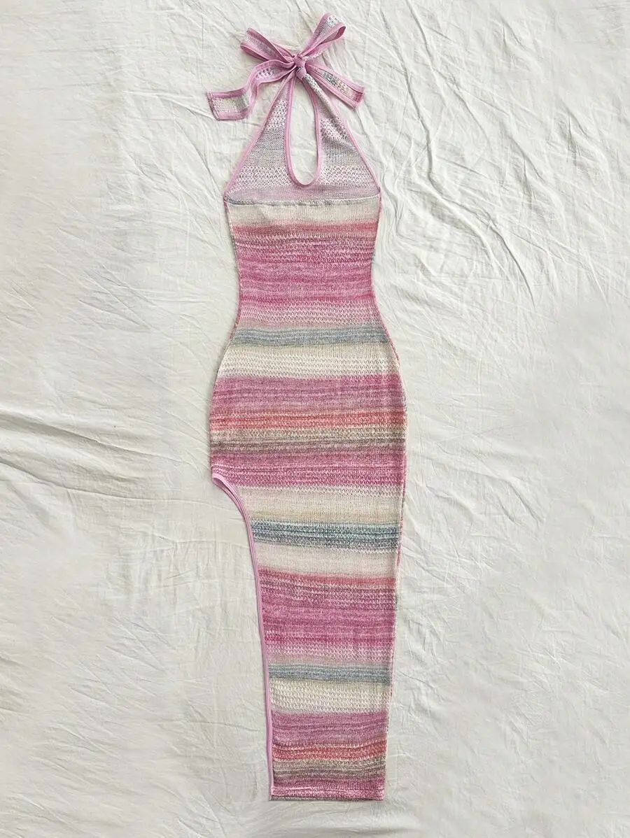 

Colorful Ombre Halter Neck High Slit Casual Vacation Dress For Women Summer Pastel Dress