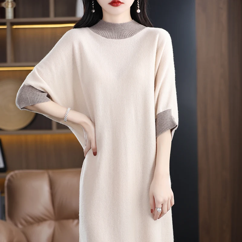 23 New women\'s 100% pure wool dress sweater long slim half high neck women\'s short sleeve pullover cashmere sweater summer