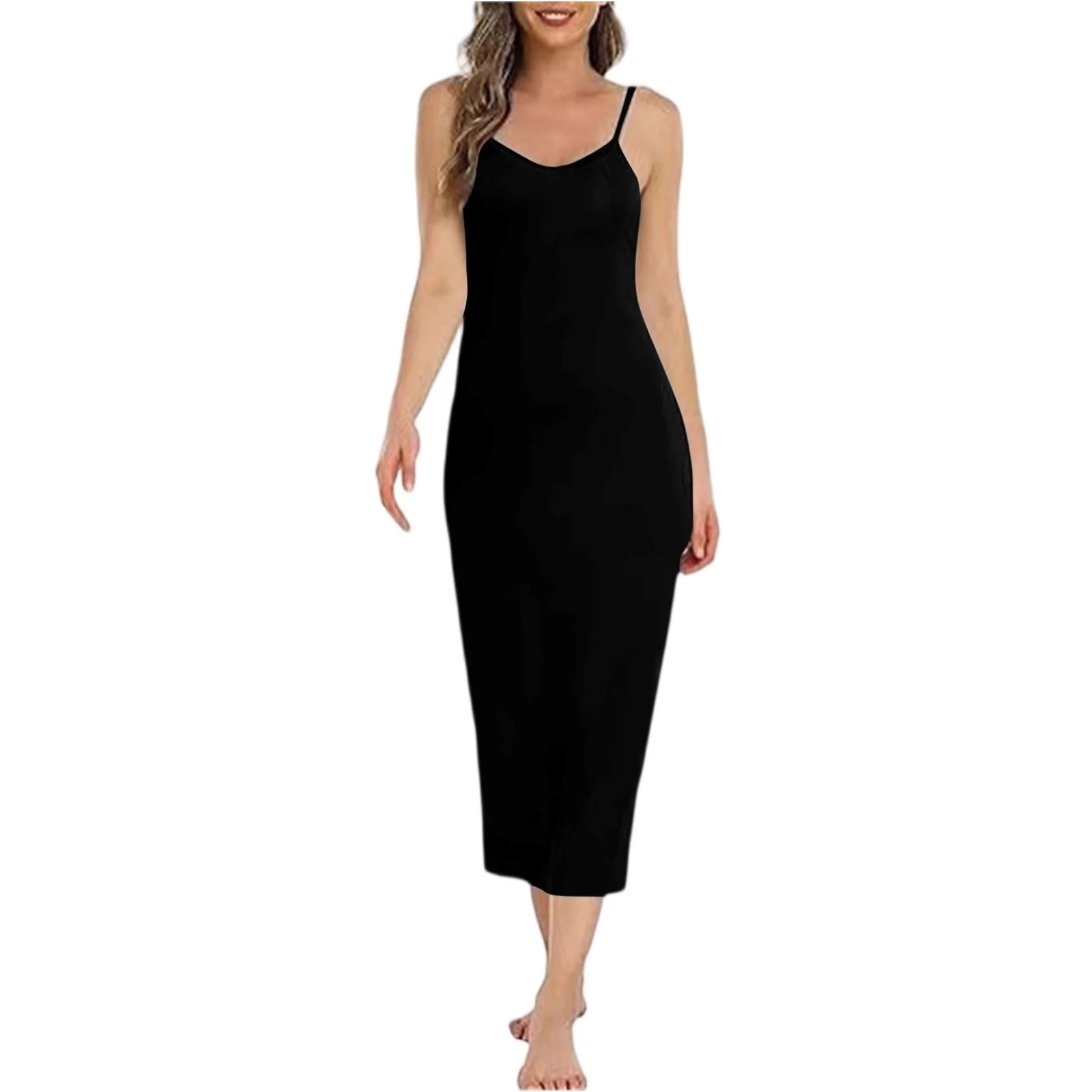 ผู้หญิงชุดเดรสยาว Basic สปาเก็ตตี้สายรัด Cami Slip Dress นุ่ม V คอ Nightgown ภายใต้ชุด Elegant สตรี