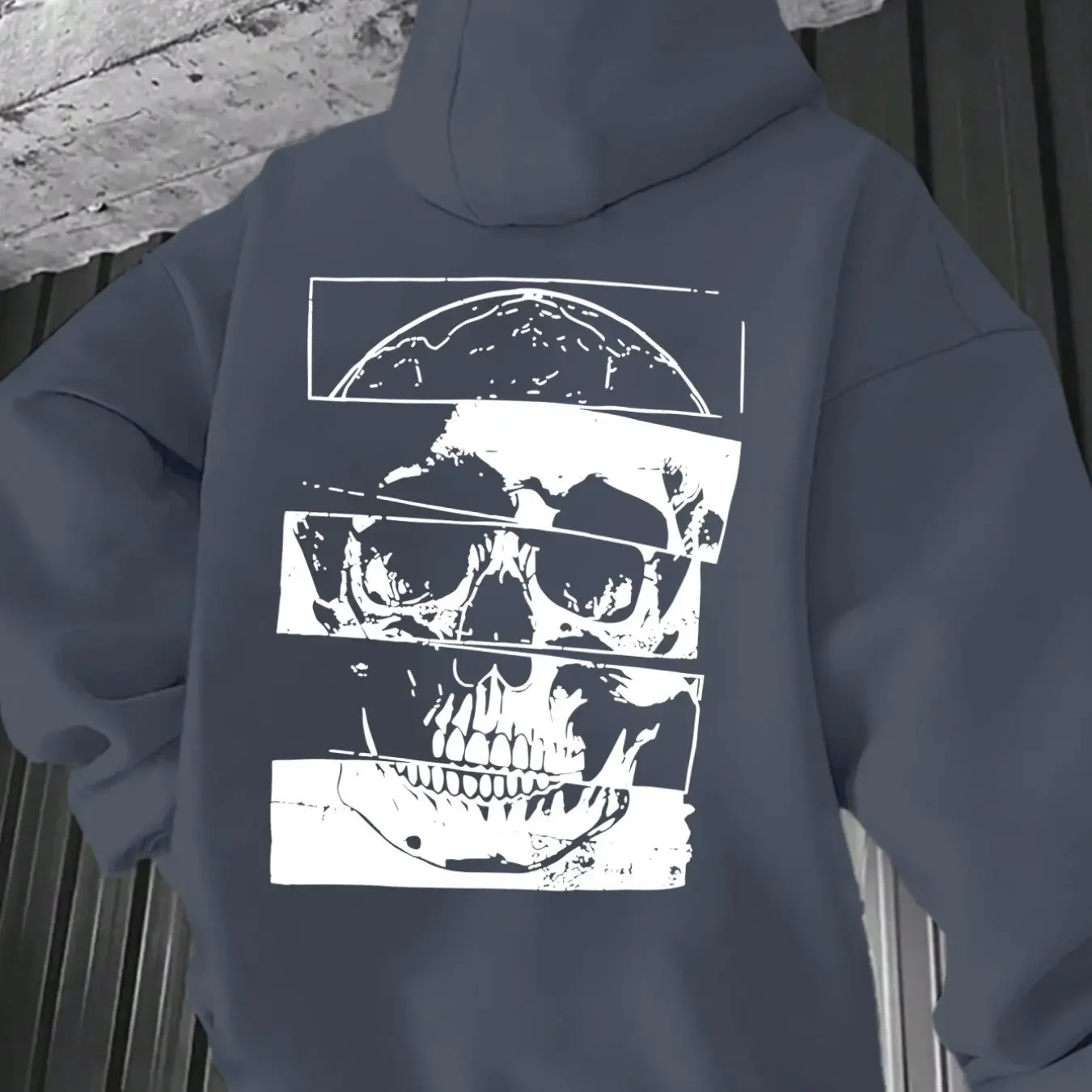 Men Women Oversized Long Sleeve Hooded Sweatshirt Vintage Split Skull Distressed Print Hip Hop Casual Tops