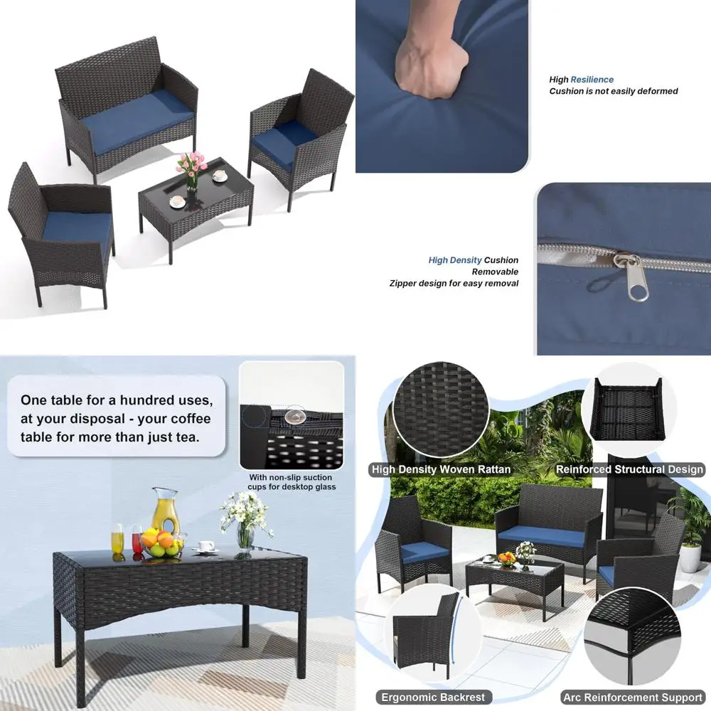 

4-Piece Outdoor Patio Furniture Set: Wicker Rattan Chairs, Sofa, Cushions, Glass Coffee Table - Conversation Area