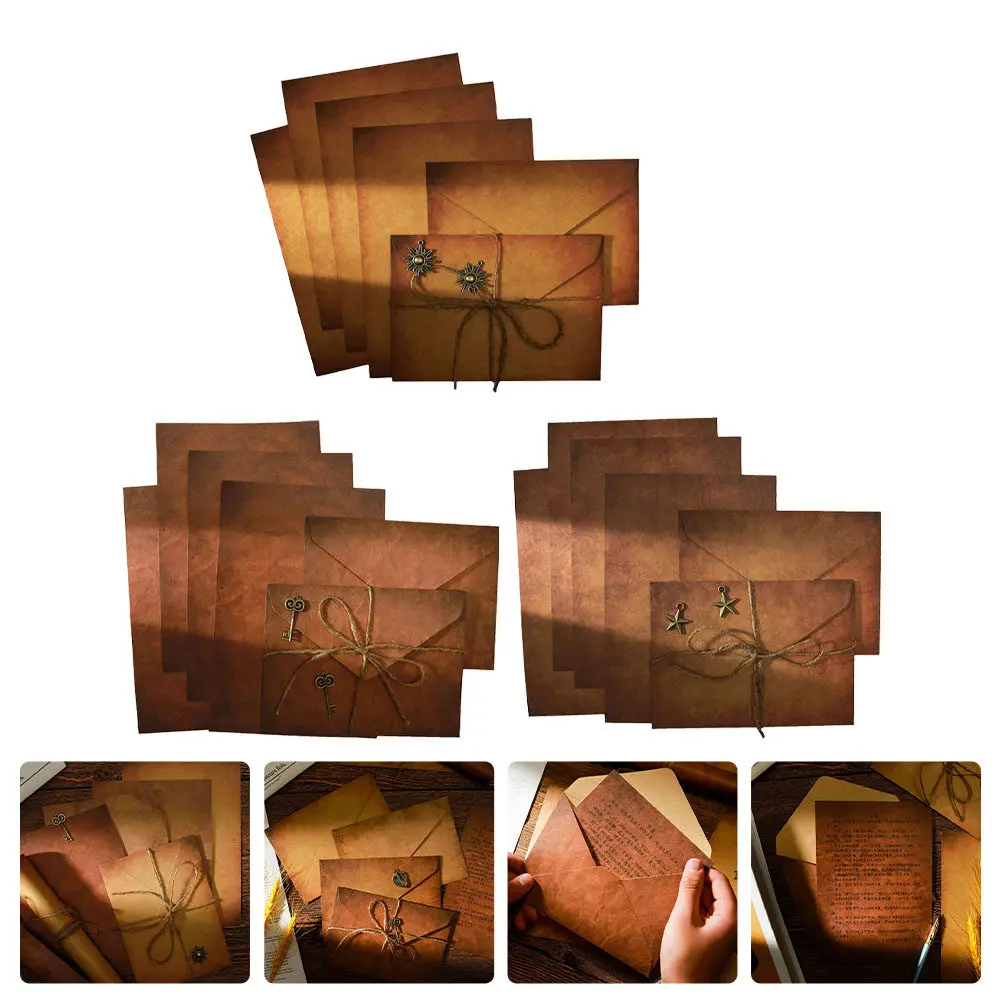 

3Sets Retro Letter Paper and Envelope Set Kraft Stationery Vintage Writing Paper Decorative Note Envelopes for Cards Coins Cash