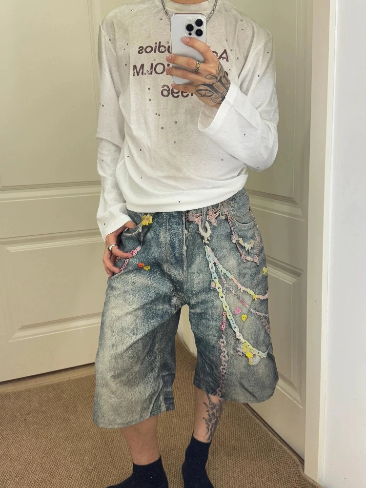 

AC 72bian 1981M Candy Chain Print 3D Denim Shorts Men's Fashion City Casual Wear Summer Wear Resistant Straight Leg Loose Fit