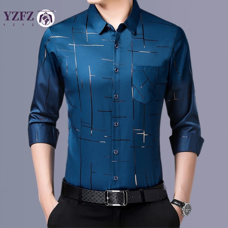 Camisa estampada de manga larga informal y de moda para hombre Top de negocios resistente a las arrugas sin planchar