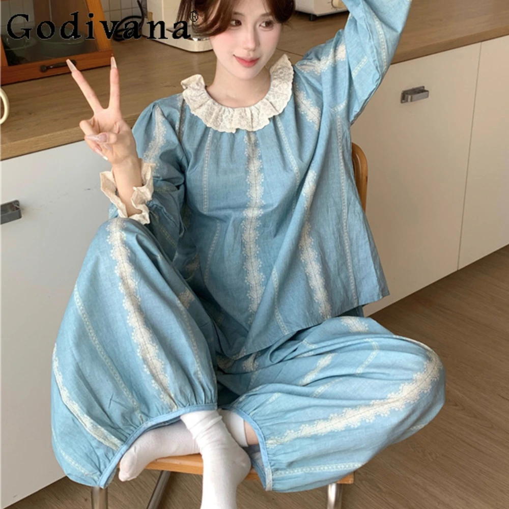 

Korean Version of Court Style Pajamas Women's Spring Autumn Cotton Lace Loose Nightgowns Sweet Girl Loungewear Set