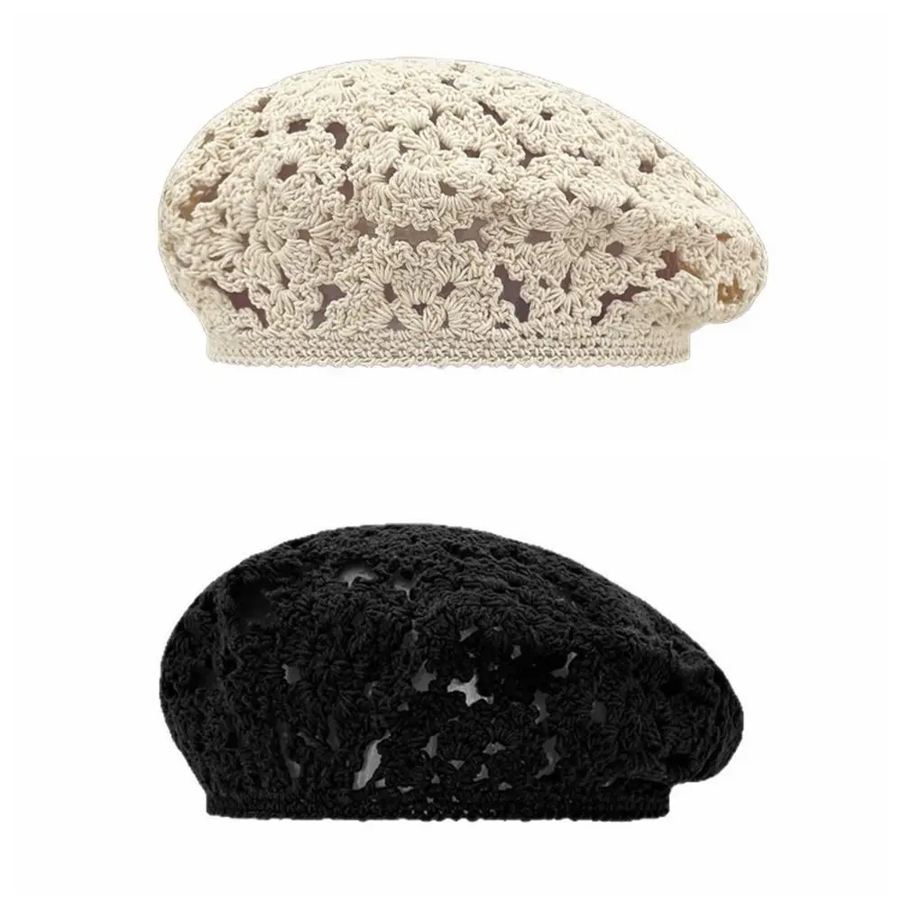 Elegant Breathable Flower Hat Thin Japanese Style Hollowed Out Beret All-match Headgear Crochet Knitted Cap Holiday
