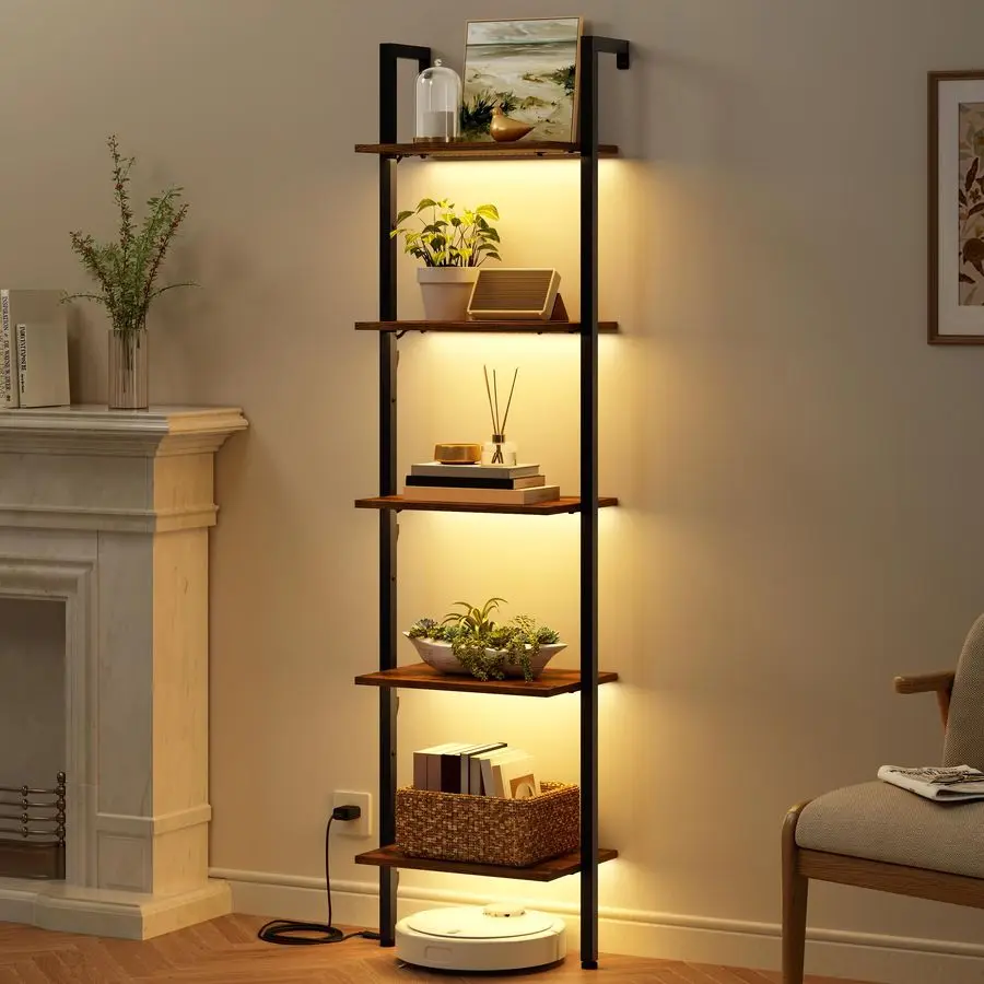 

5Tier Ladder Shelf with LED Light, Wall Mounted Ladder Bookshelf with Metal Frame, Wall Ladder Bookshelf for Living Room, Bedro