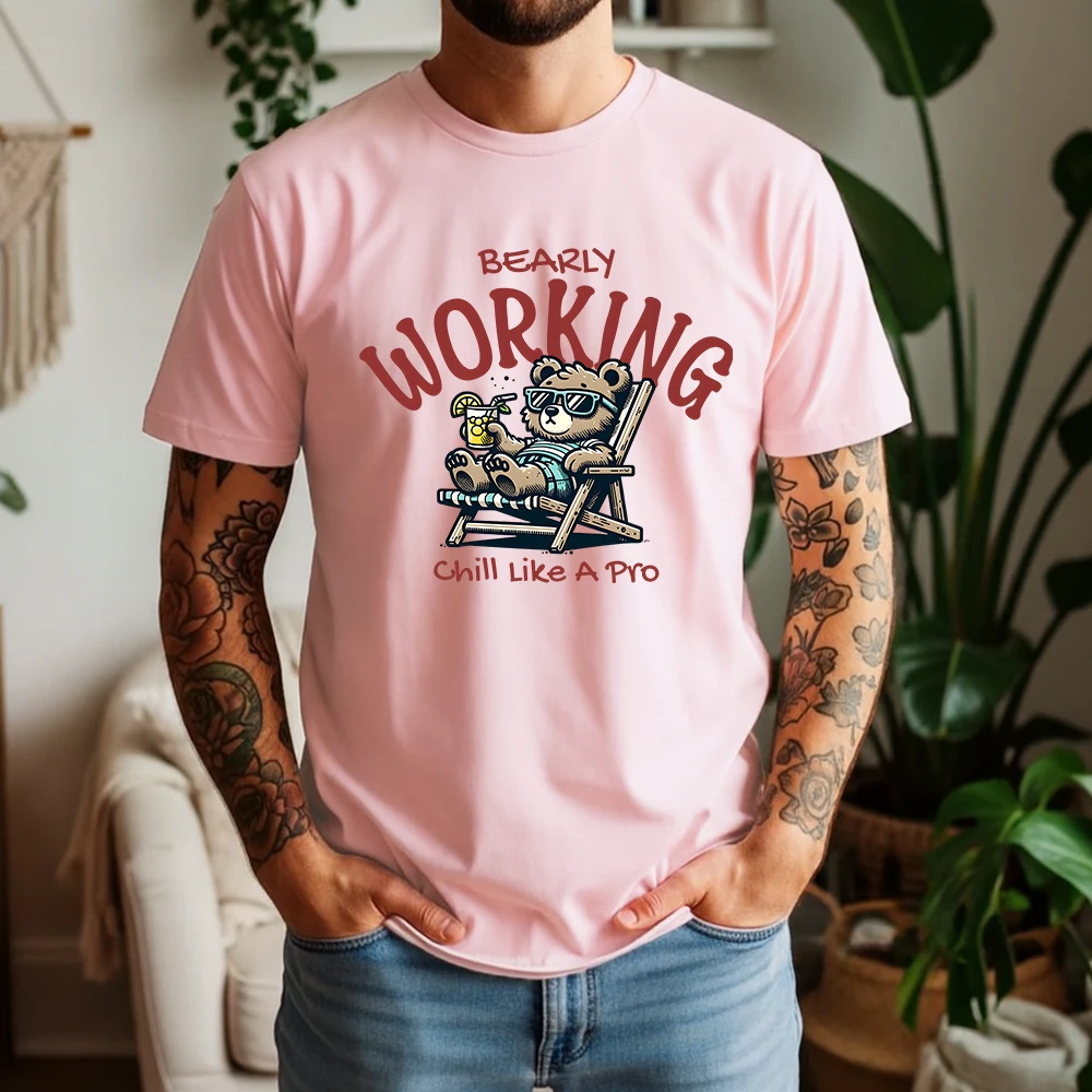 New Summer Men's 100% Pure Cotton T-Shirt Vintage Bearly Working Pro Chill Bear Graphic Casual Breathable Short Sleeve