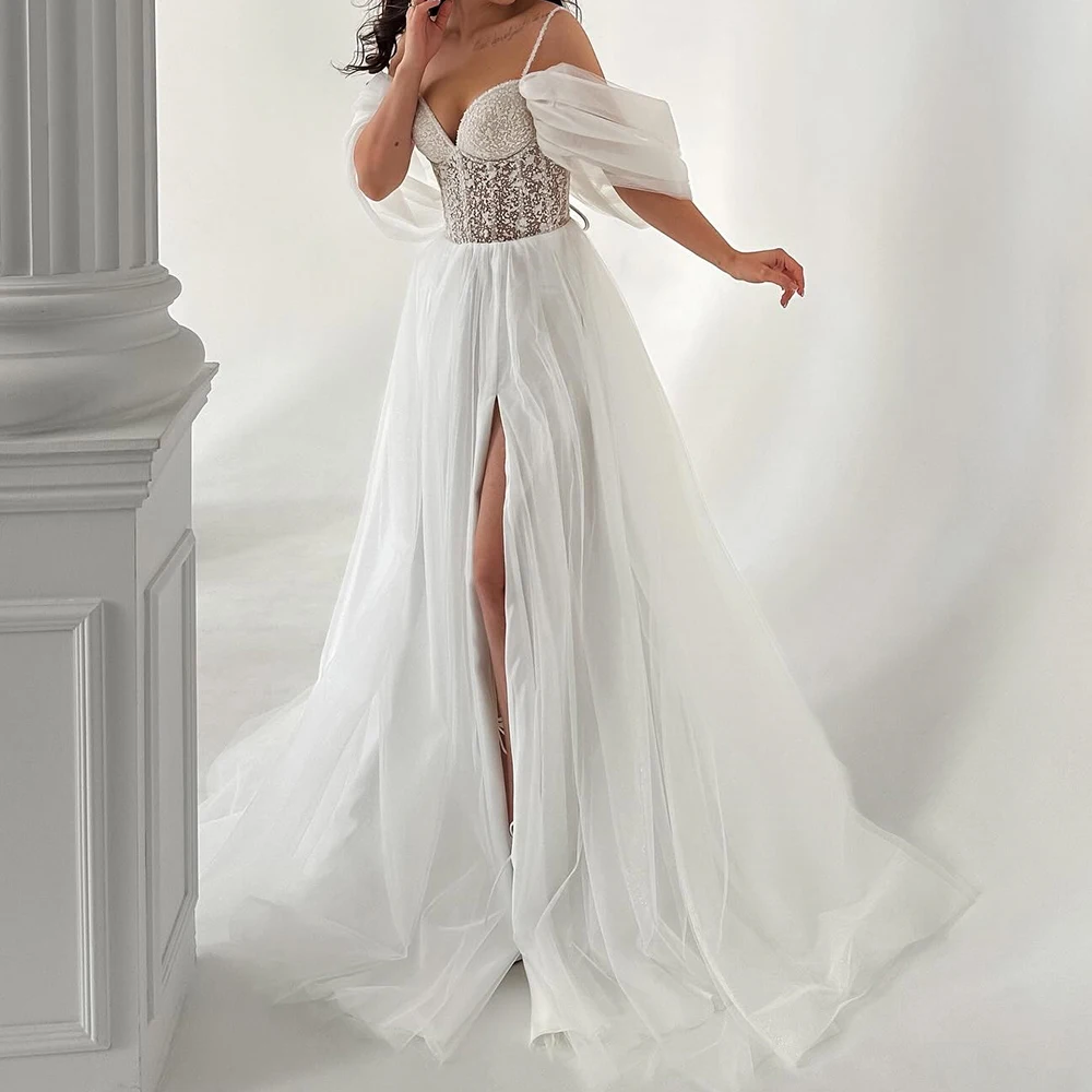 

luxury Lace Up Back Appliques Lace Sequined Wedding Dresses Tulle Sweep Train Off the Shoulder Elegant Spaghetti Straps A-Line