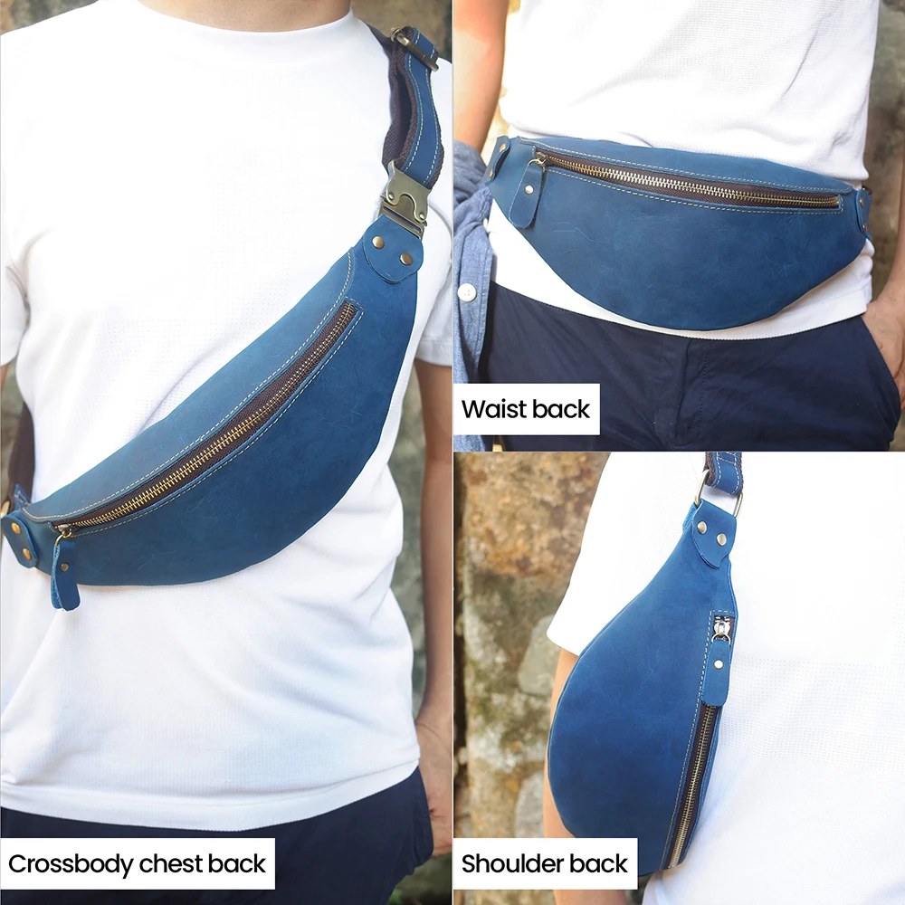 Hot men's crazy horse waist bag multifunctional leather sloping chest bag men's outdoor sports mobile phone waist bag