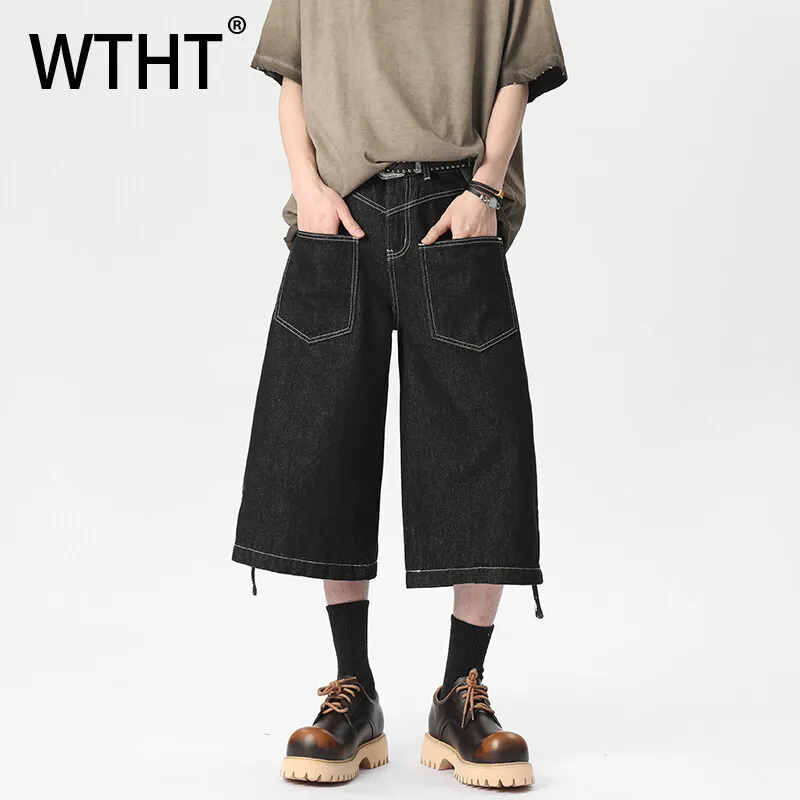 

WTHT модные мужские однотонные джинсовые шорты с большими карманами, винтажные прямые короткие брюки с высокой талией, мужские, лето 2029, 2A0952