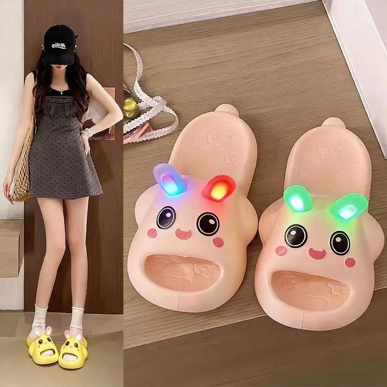 Summer Girl LED Slipper Cartoon Rabbit Print Women Parent-child Beach Shoes Cute Non-Slip Leaky Fashion Slides Outdoor Flip Flop