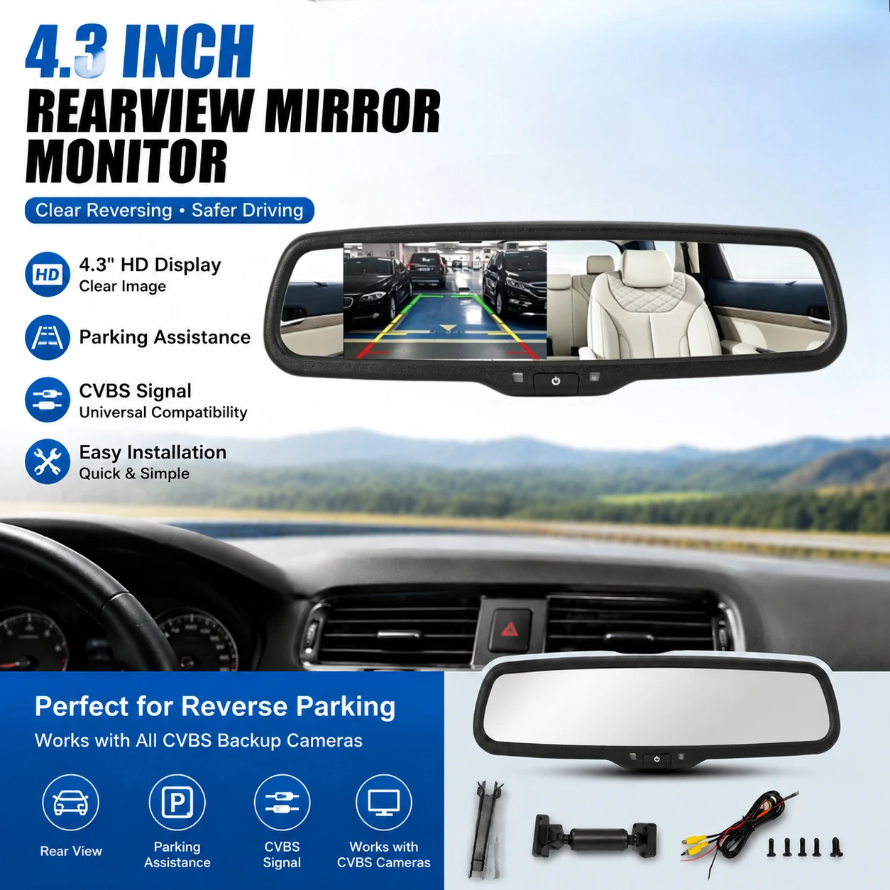 4.3-inch reversing image display, supports 2-channel signal input, reversing priority, see details for applicable models