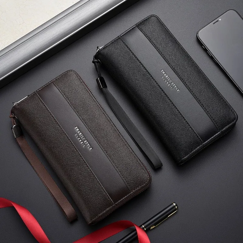Cartera larga estampada de mano para hombre, correa para la muñeca con múltiples ranuras de gran capacidad, cartera informal para hombre, bolsa para teléfono con cremallera, funda porta tarjetas