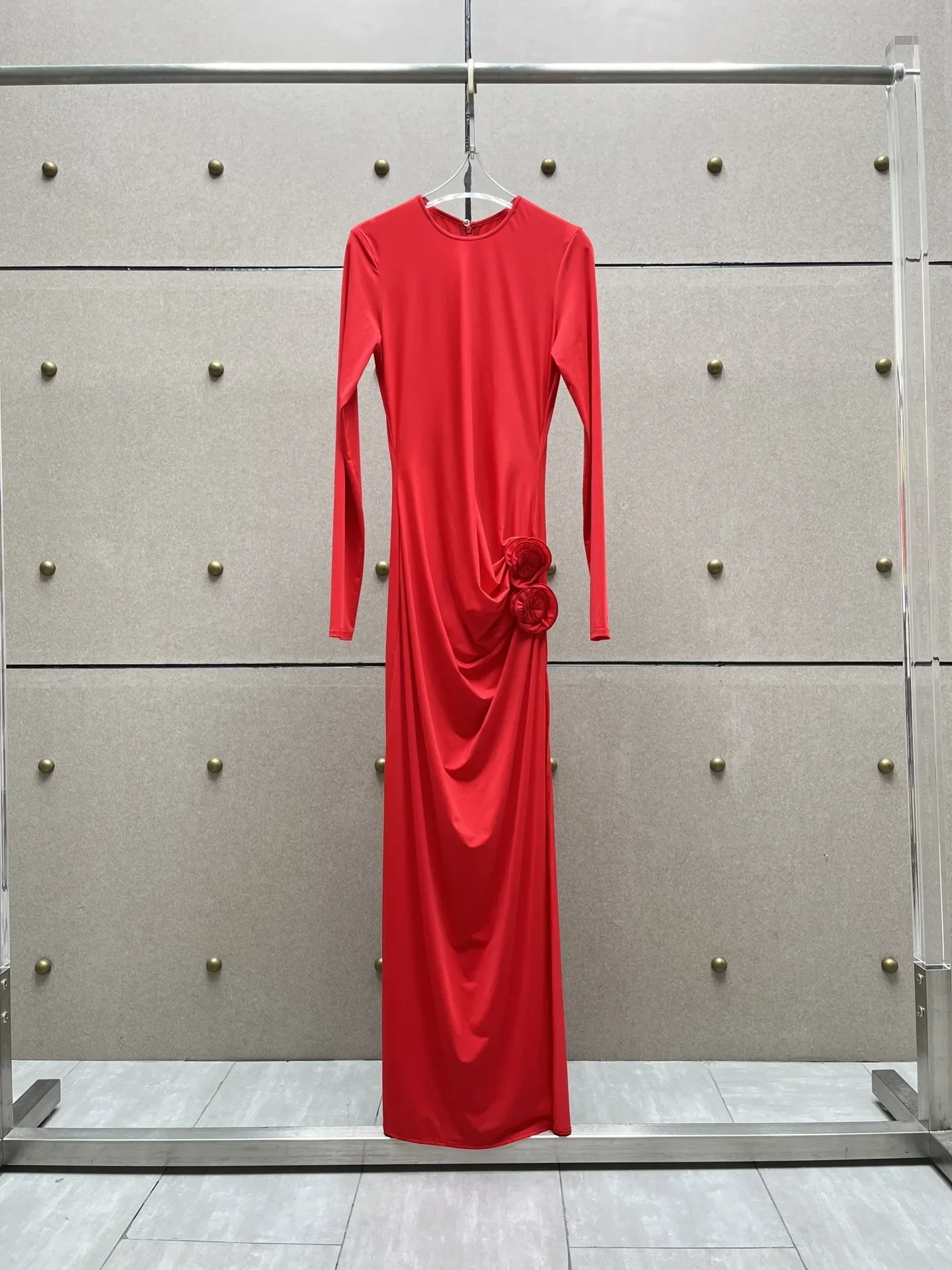 

High Quality Red Pink Long Sleeve Handmade Flowers Ankle-Length Dress