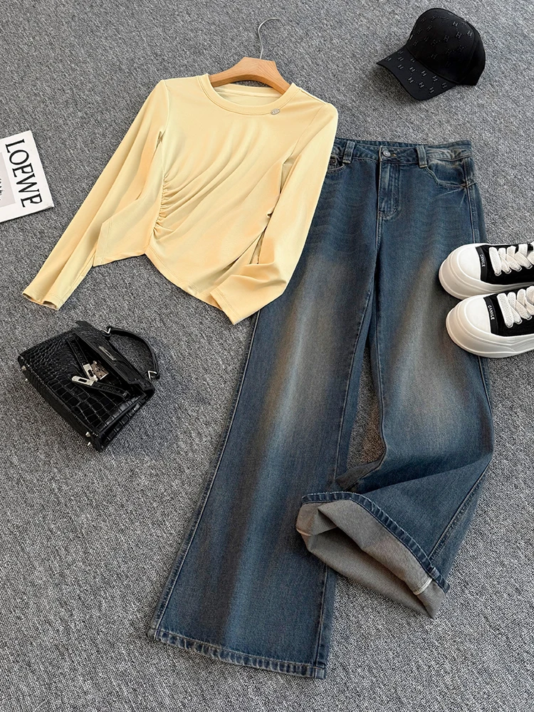 

Fashionable Yellow Top And Wide Leg Jeans Two Piece Set for Women Spring Design Unique Casual Sportswear Comfortable High Waist
