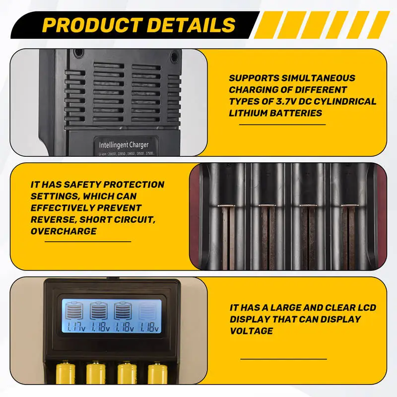 A73E-18650 Battery Charger, LCD Display Speed Batteries Charger With 4 Bay Discharge Function For Rechargeable 3.7V Li-Ion Batte