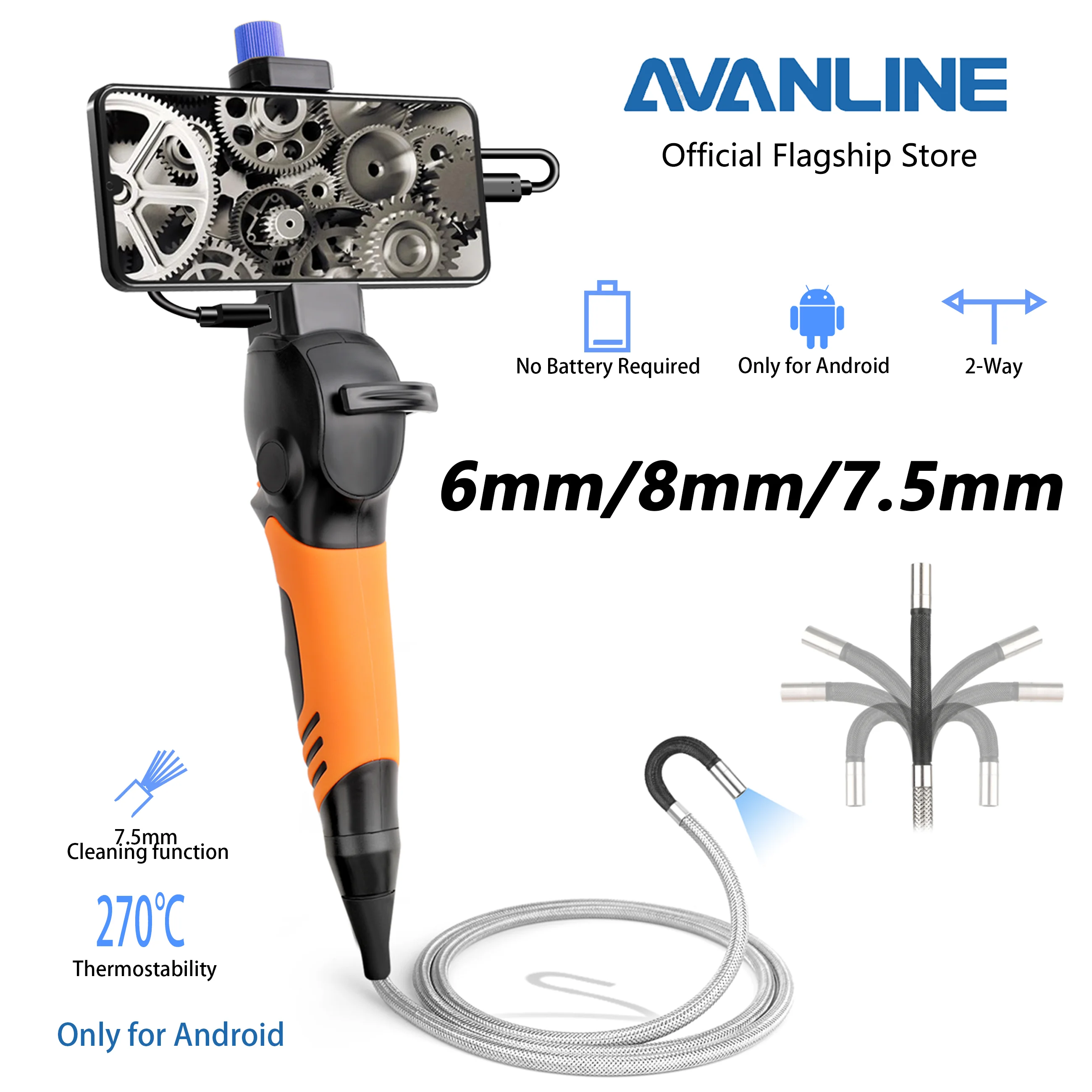 

AVANLINE 4mm 2-Way 180°Degrees Articulating Borescope Thermostability Cleaning Function Industrial Endoscope For Android/PC 1M