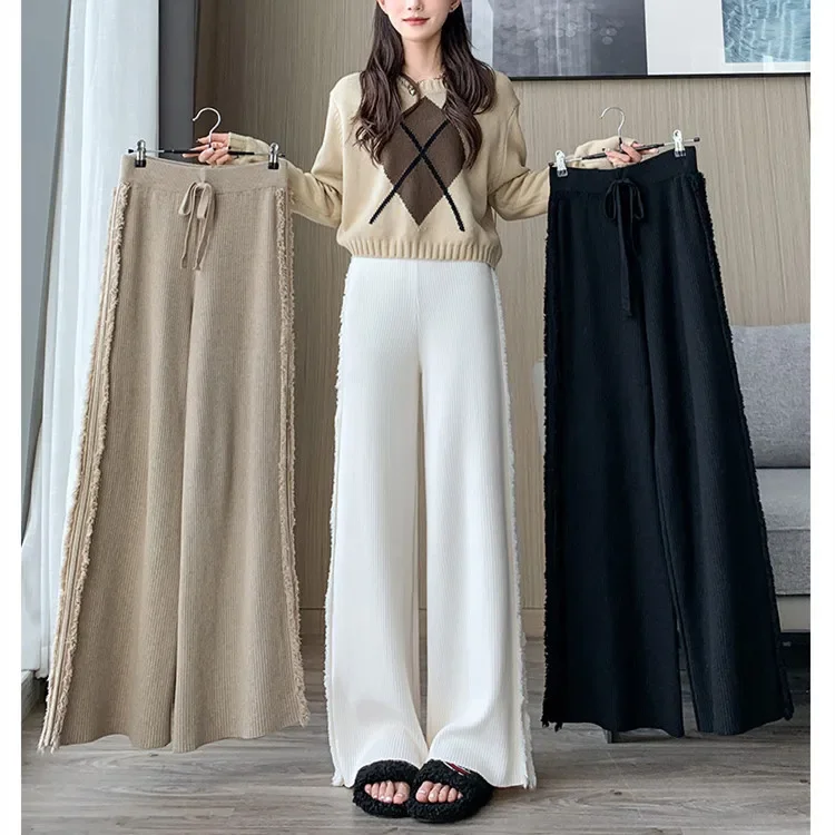 High Waisted Drawstring Pants Women 2023 Autumn Winter Loose Straight Wide  Led Pants Vintage Casual Thicken Knitted Long Pants