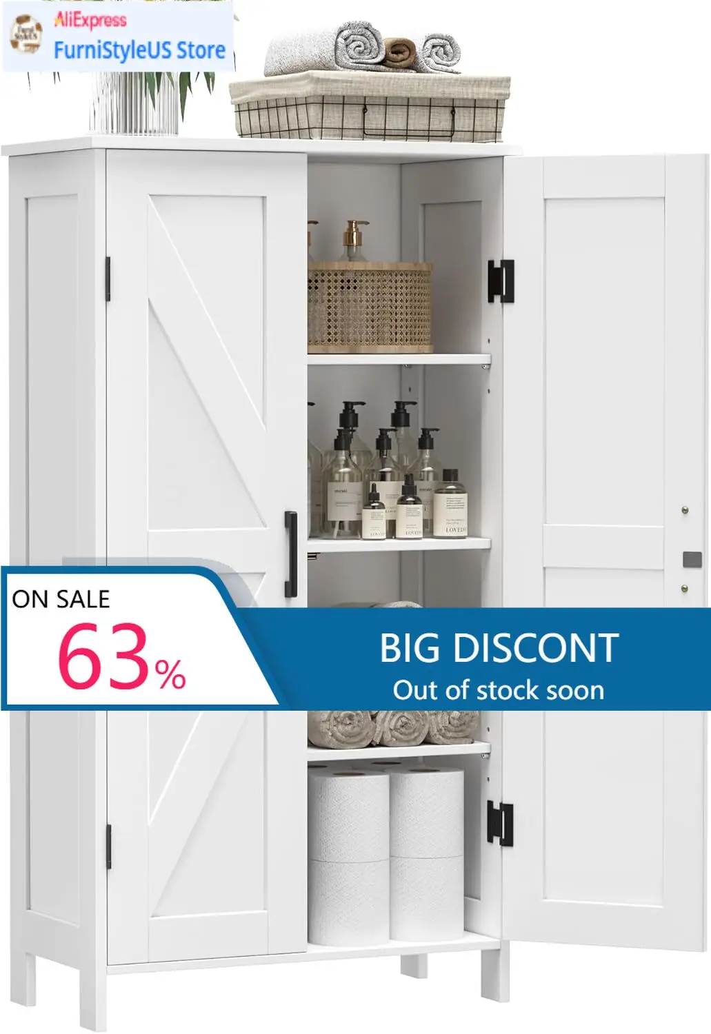 

Farmhouse Bathroom Cabinet with Adjustable Shelves, Free-Standing Storage Cabinet with Barn Doors, for Kitchen, Living Room, Din