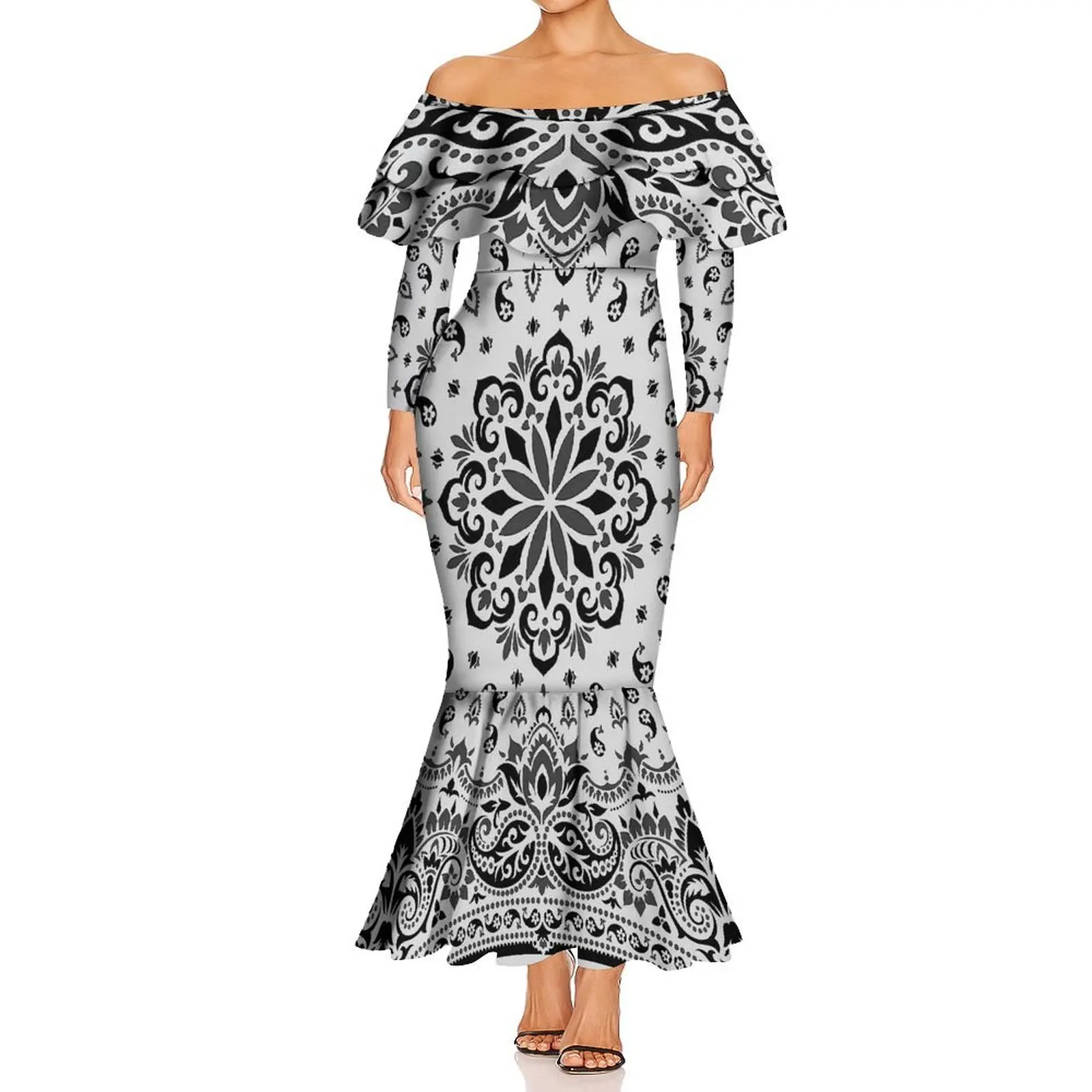 Verão bandana um pescoço de manga comprida dupla camada babados feminino emagrecimento fishtail vestido havaiano vestido personalizado padrão