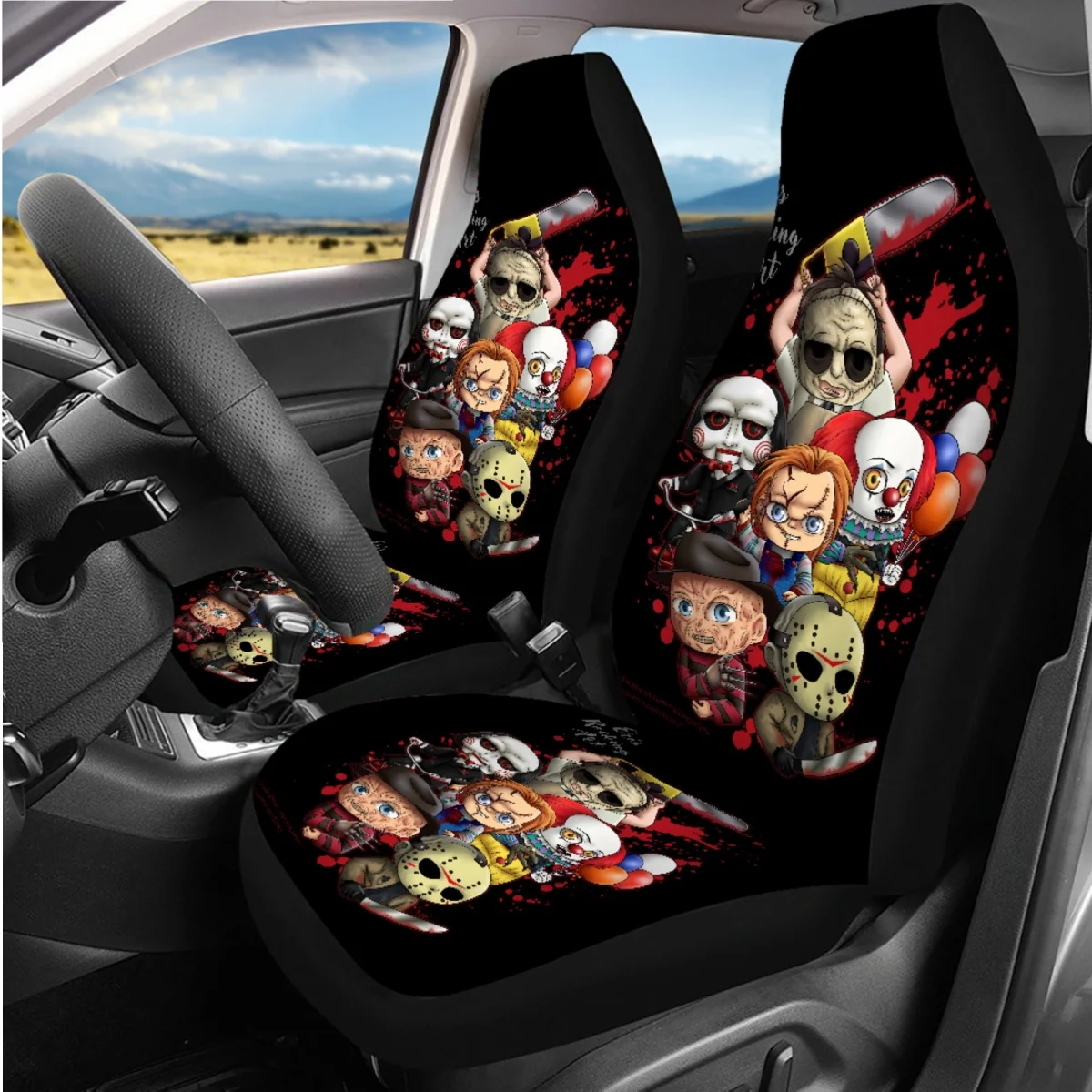 Horror Movie Terror Character Car Seat Covers Durable Steering Wheel Covers for Sedan Washable Seatbelt Shoulder Pad Full Set