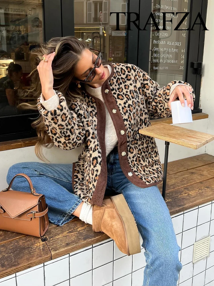 TRAFZA Women Vintage Chic Leopard Print Warm Wool O-neck Single Breasted Pockets Loose Jackets Winter Female Streetwear Mujer