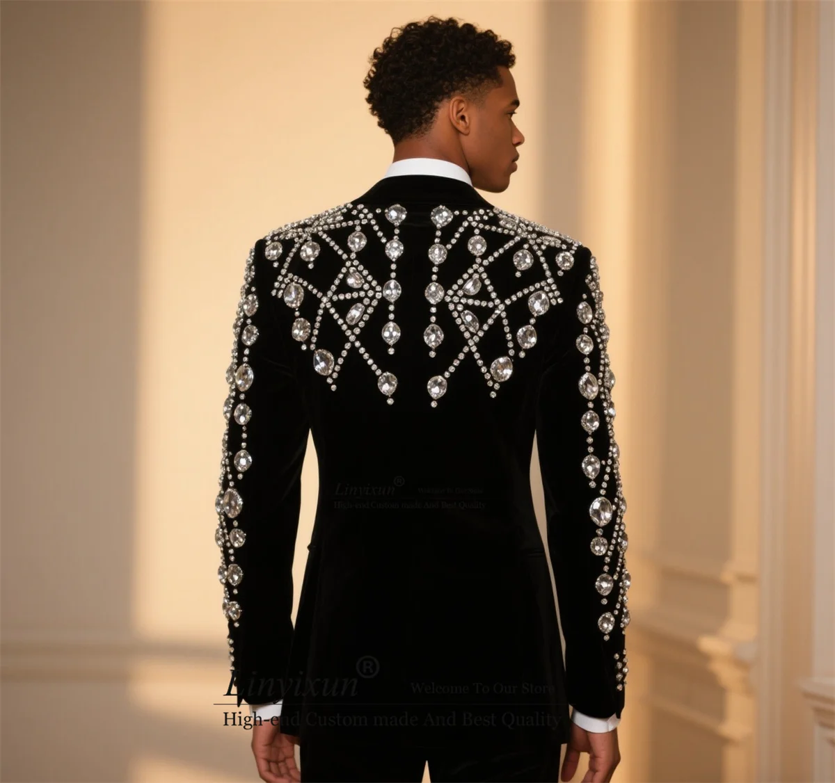 Handsome Peak Lapel Men Suits Customized Sparkly Gem Rhinestones Wedding Tuxedos 2 Pieces Sets Groom Male Blazers Costume Homme