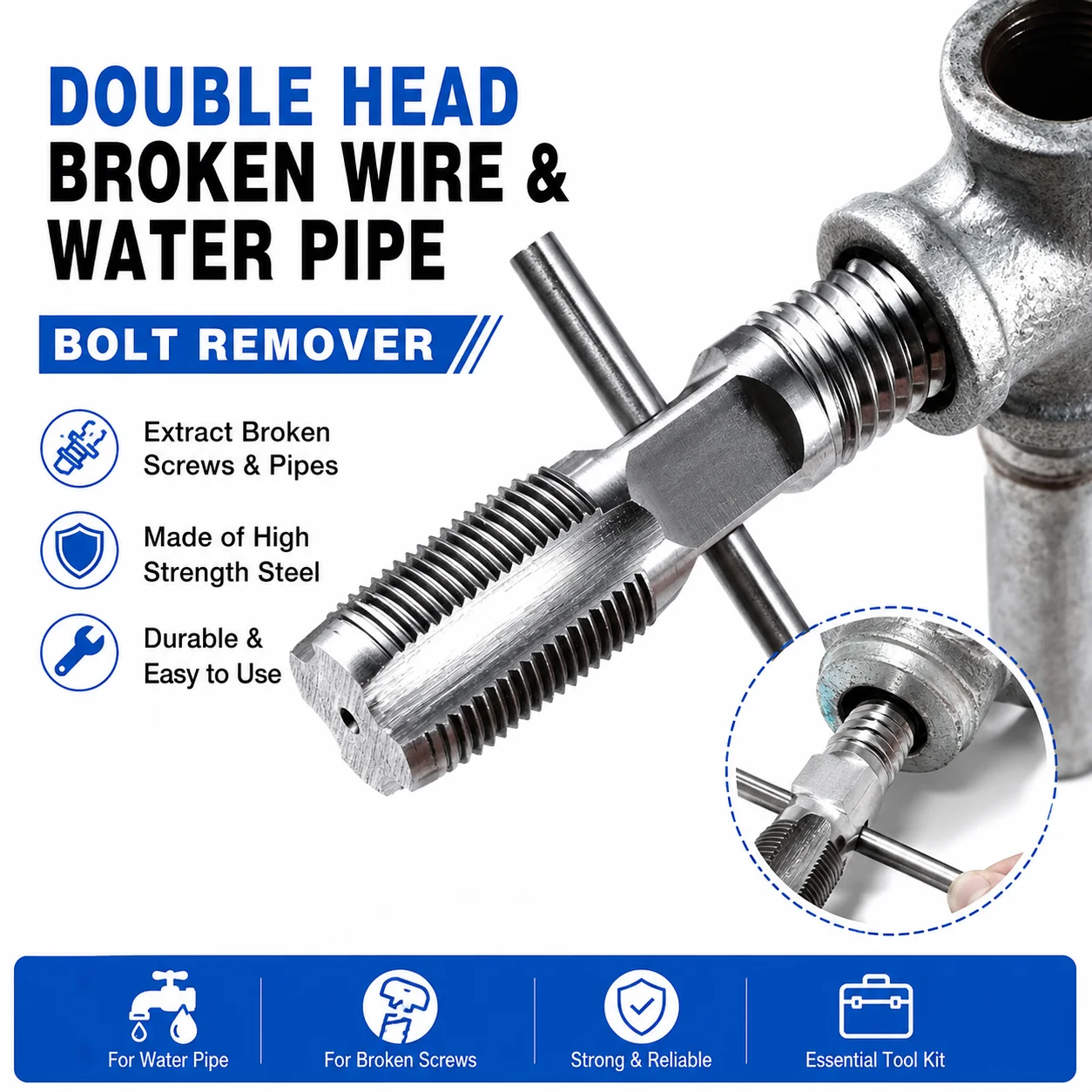 Double Head Broken Wire & Water Pipe Bolt Remover, Tap Faucet Valve Damaged Screw Extractor Plumbing Repair Tool Kit